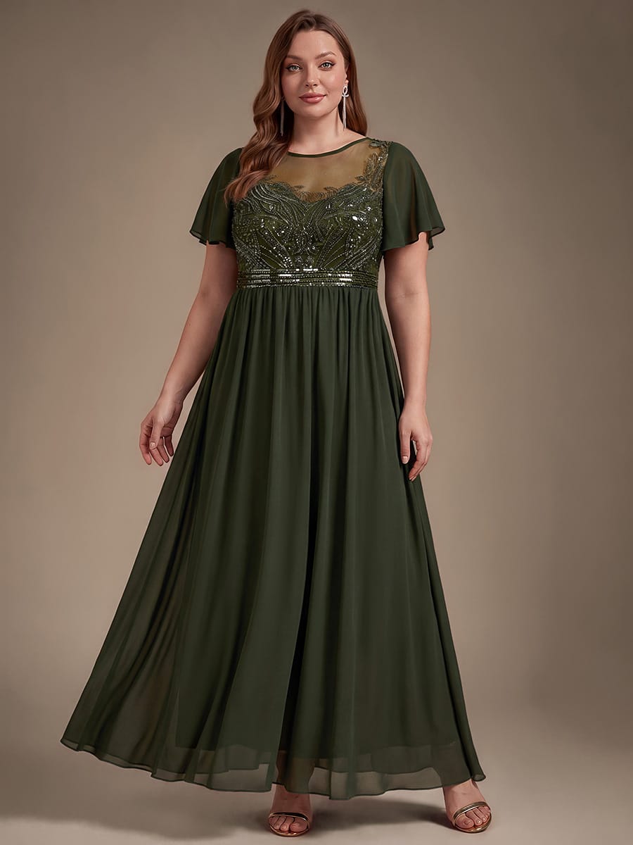 See-through Tulle Ruffle Sleeve Dress #color_Olive Green