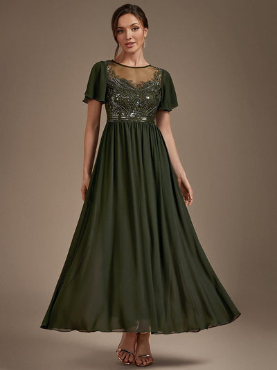 Beaded Tulle A Line Maxi Dress with Ruffle Sleeves