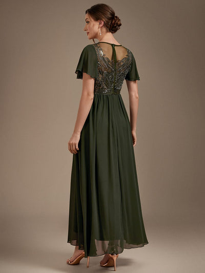 See-through Tulle Ruffle Sleeve Dress #color_Olive Green