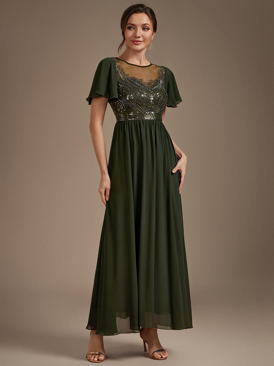 See-through Tulle Ruffle Sleeve Dress #color_Olive Green