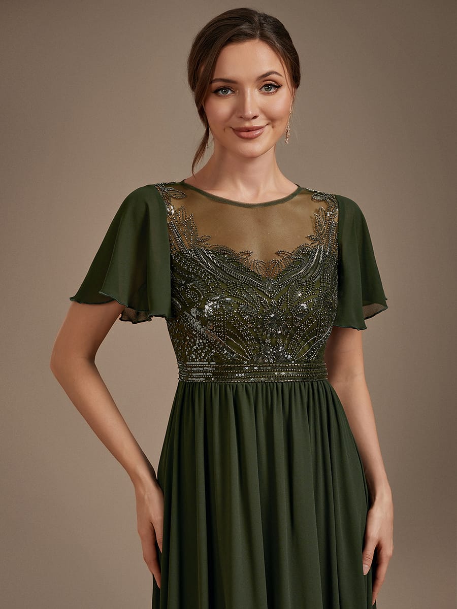 See-through Tulle Ruffle Sleeve Dress #color_Olive Green