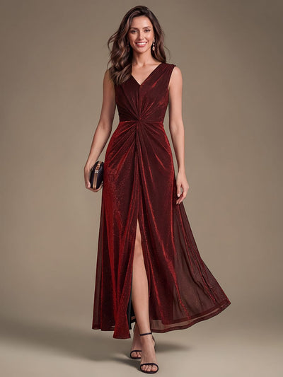 Knot Detail Shimmer V-neck Maxi Dress