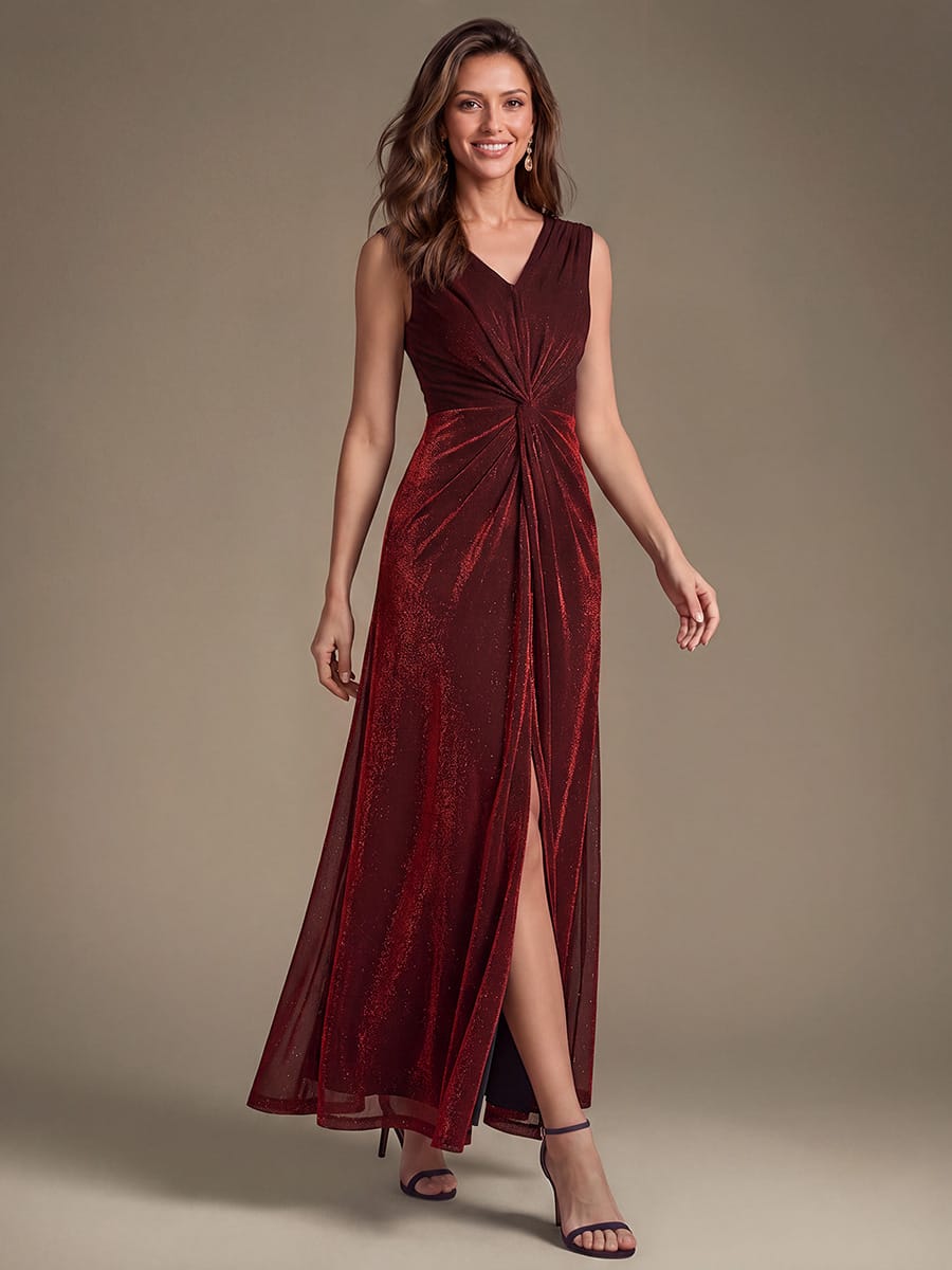 Slit Lurex Mesh Sleeveless Dress #color_Burgundy