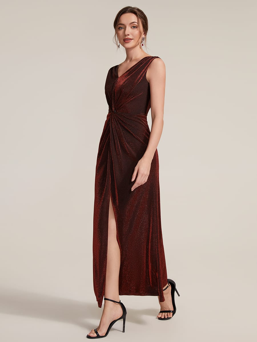 Slit Lurex Mesh Sleeveless Dress #color_Burgundy