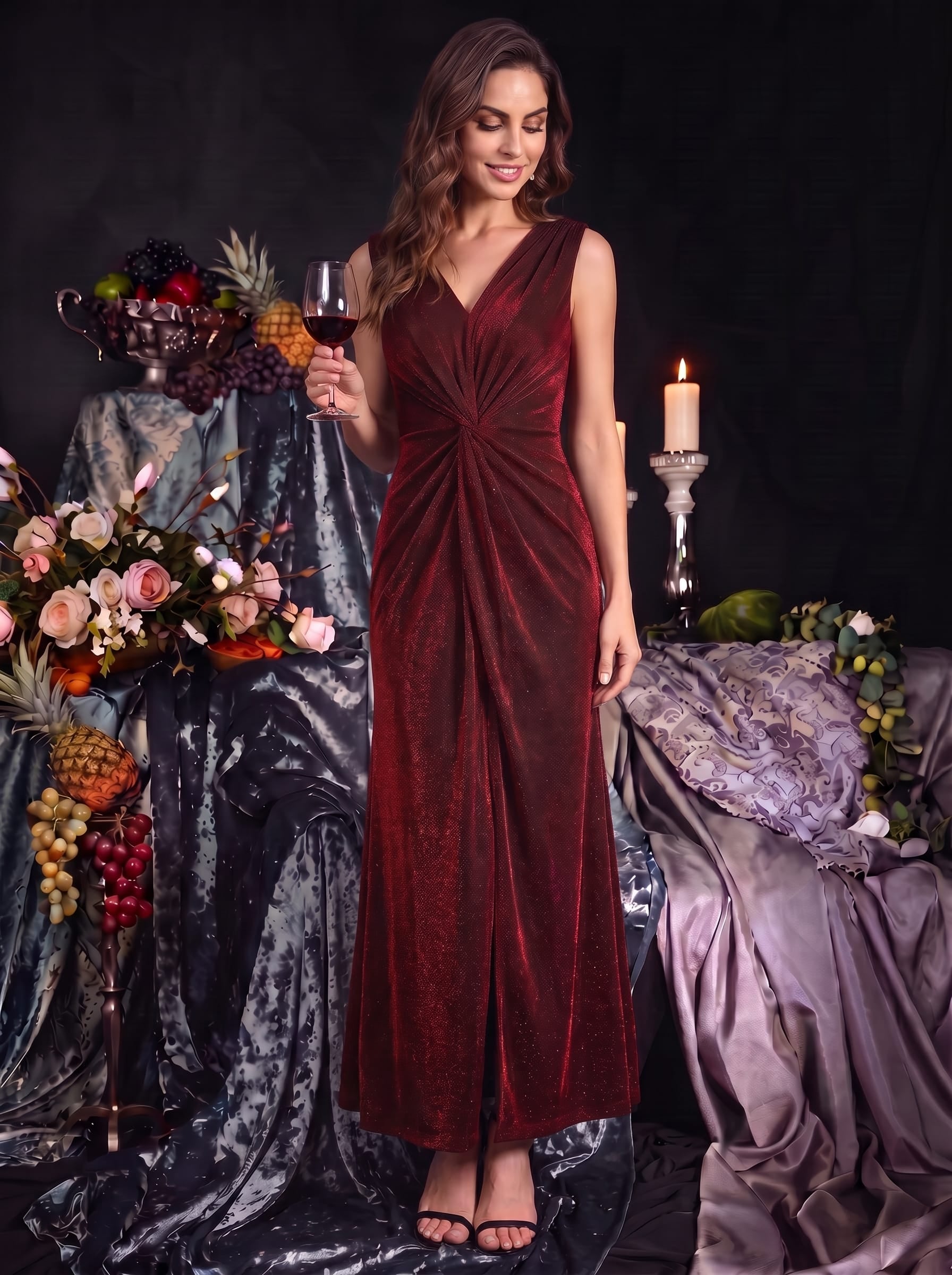 Slit Lurex Mesh Sleeveless Dress #color_Burgundy