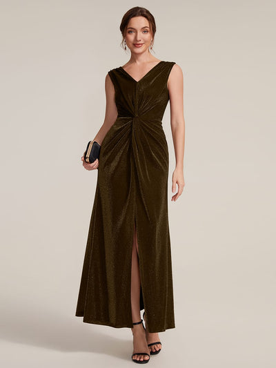 Knot Detail Shimmer V-neck Maxi Dress