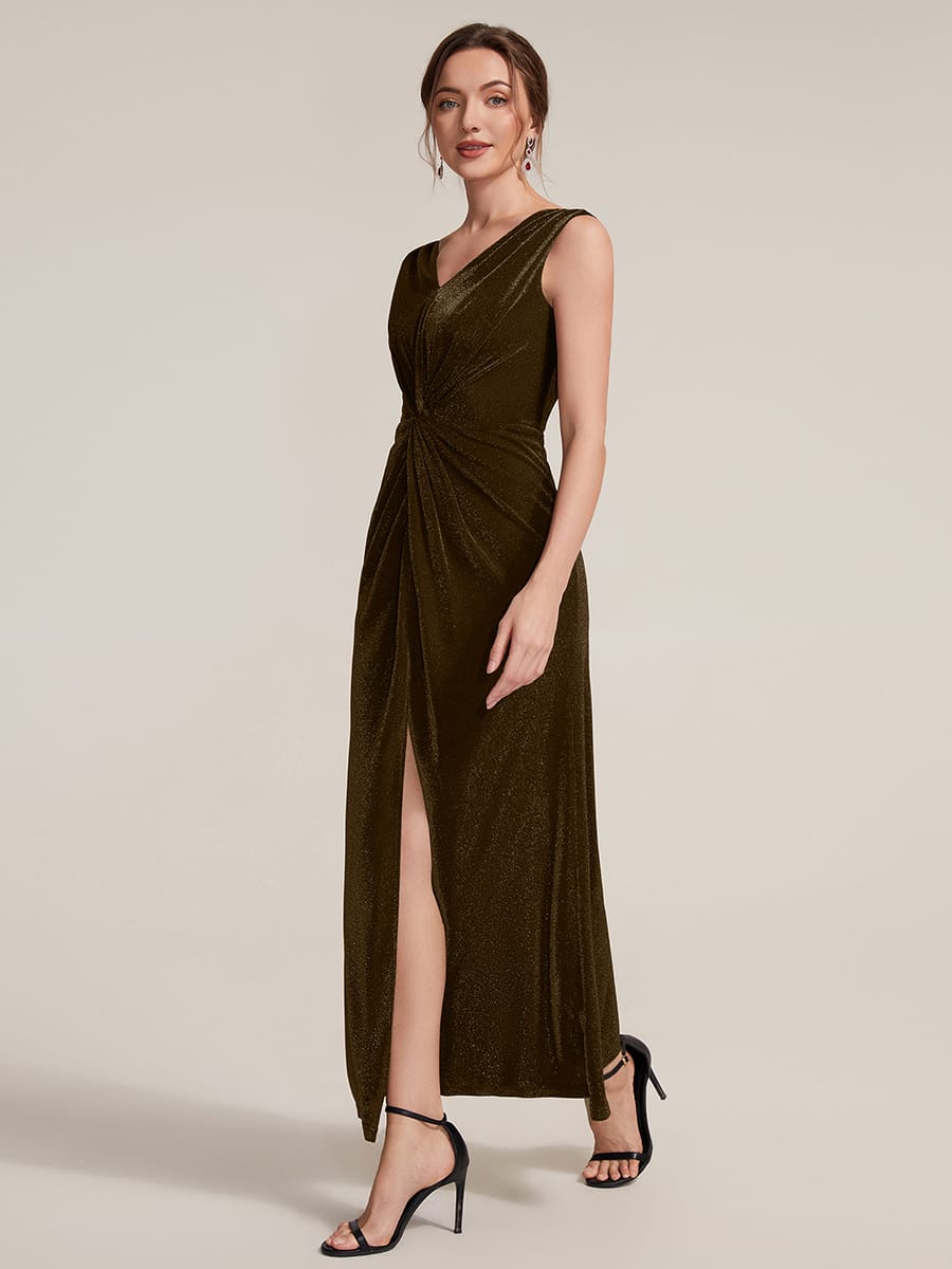 Slit Lurex Mesh Sleeveless Dress #color_Brown