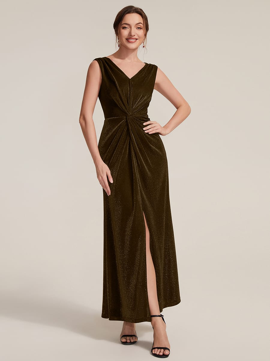 Slit Lurex Mesh Sleeveless Dress #color_Brown