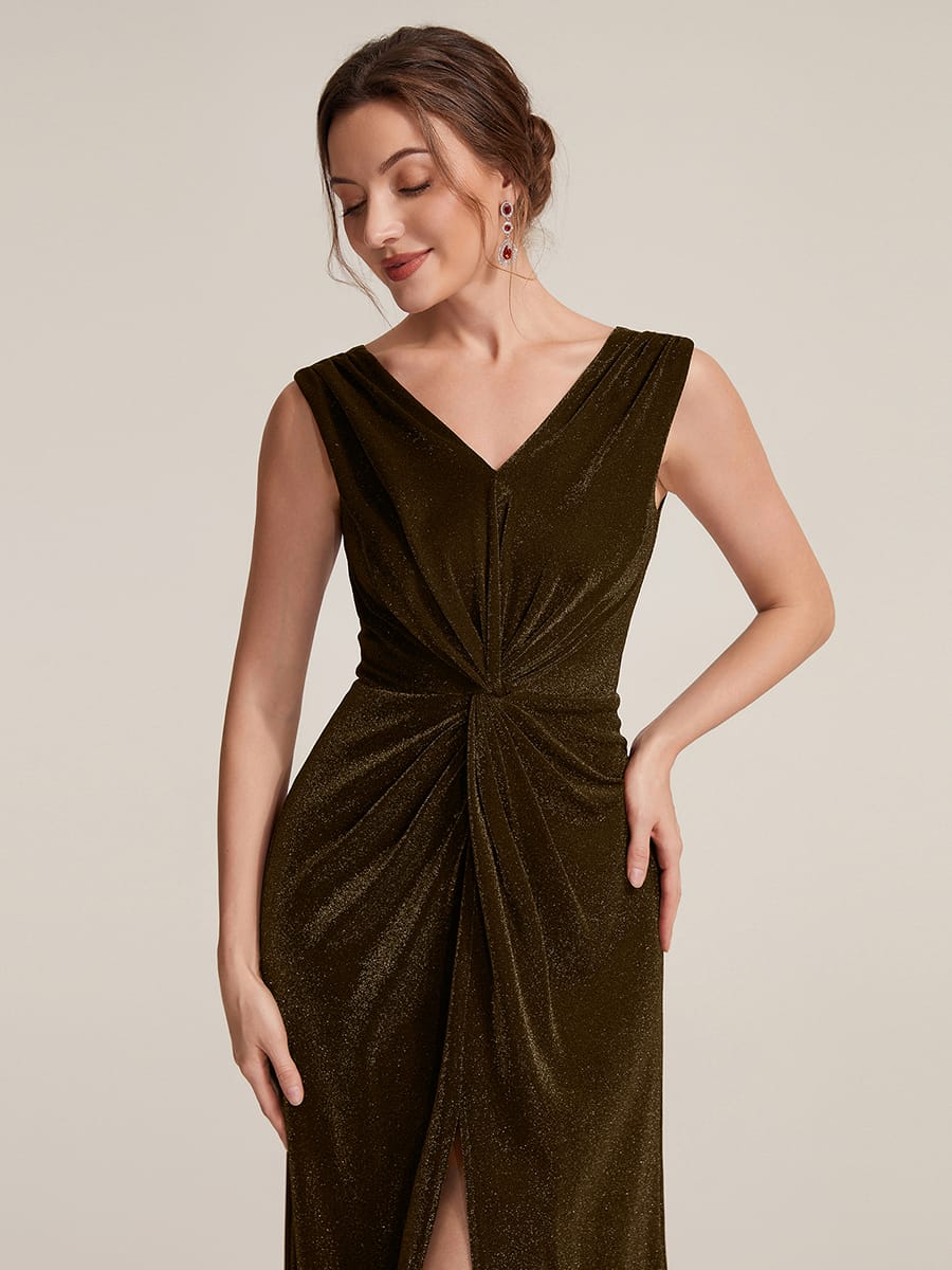 Slit Lurex Mesh Sleeveless Dress #color_Brown