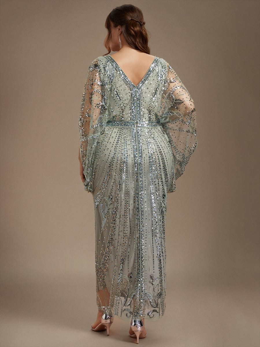 Tulle Maxi Length Round neckline Sheath Batwing sleeves evening dress #color_Mint Green
