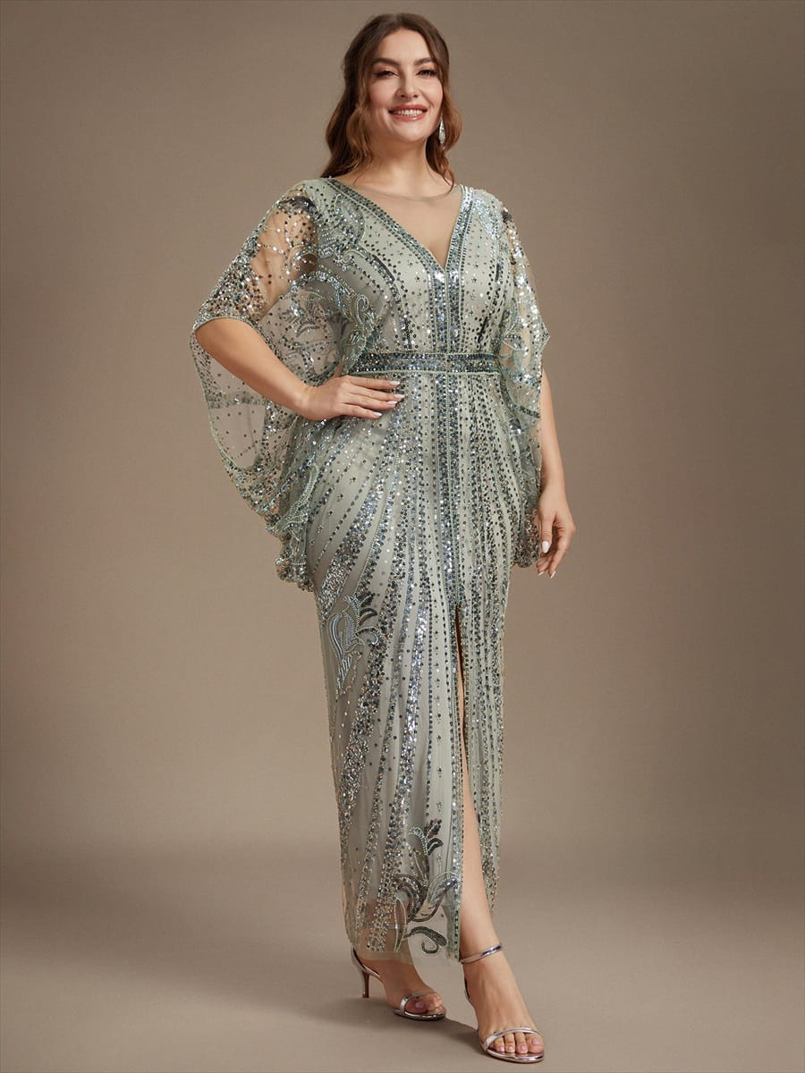 Tulle Maxi Length Round neckline Sheath Batwing sleeves evening dress #color_Mint Green