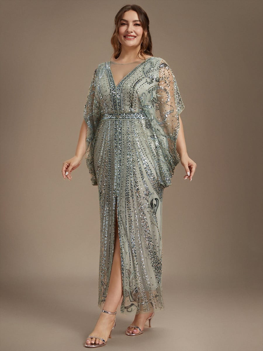 Tulle Maxi Length Round neckline Sheath Batwing sleeves evening dress #color_Mint Green