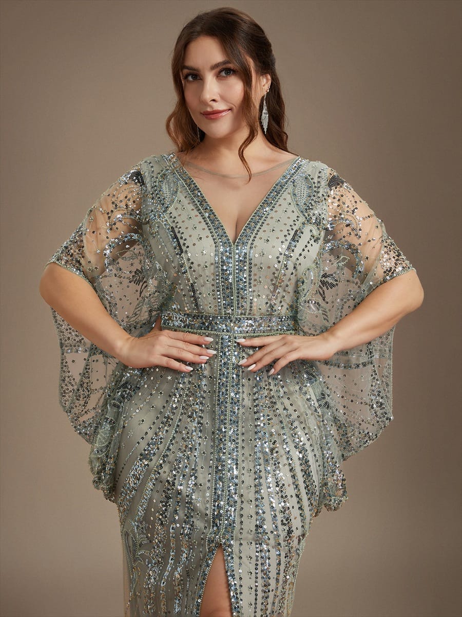 Tulle Maxi Length Round neckline Sheath Batwing sleeves evening dress #color_Mint Green