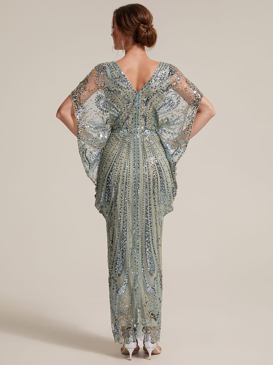 Tulle Maxi Length Round neckline Sheath Batwing sleeves evening dress #color_Mint Green
