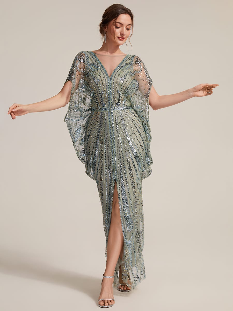 Tulle Maxi Length Round neckline Sheath Batwing sleeves evening dress #color_Mint Green