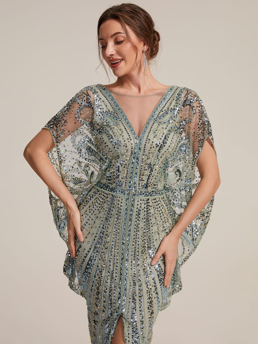 Tulle Maxi Length Round neckline Sheath Batwing sleeves evening dress #color_Mint Green