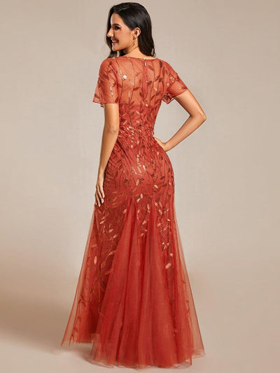 Sequin Leaf Maxi Long Fishtail Tulle Prom Dresses With Half Sleeves #color_Burnt Orange