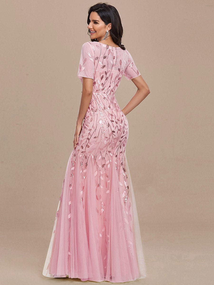 Sequin Leaf Maxi Long Fishtail Tulle Prom Dresses With Half Sleeves #color_Pink