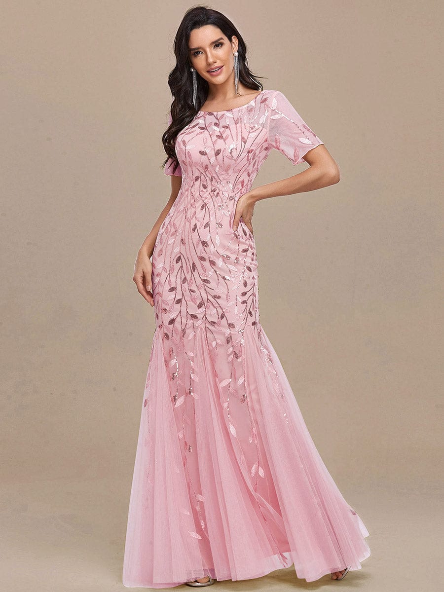Sequin Leaf Maxi Long Fishtail Tulle Prom Dresses With Half Sleeves