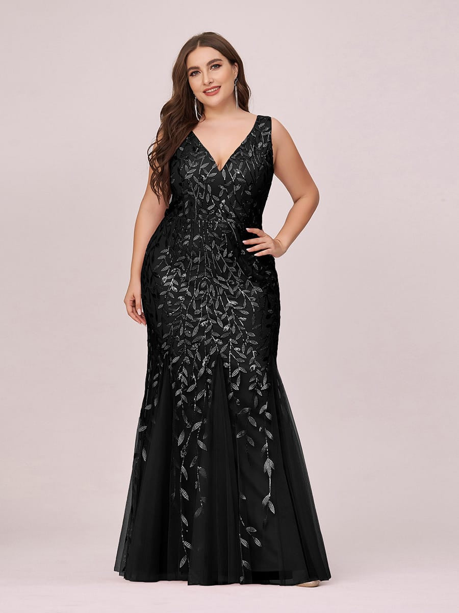 Women's Double V-Neck Fishtail Seuqin Wedding Guest Dress #color_Black
