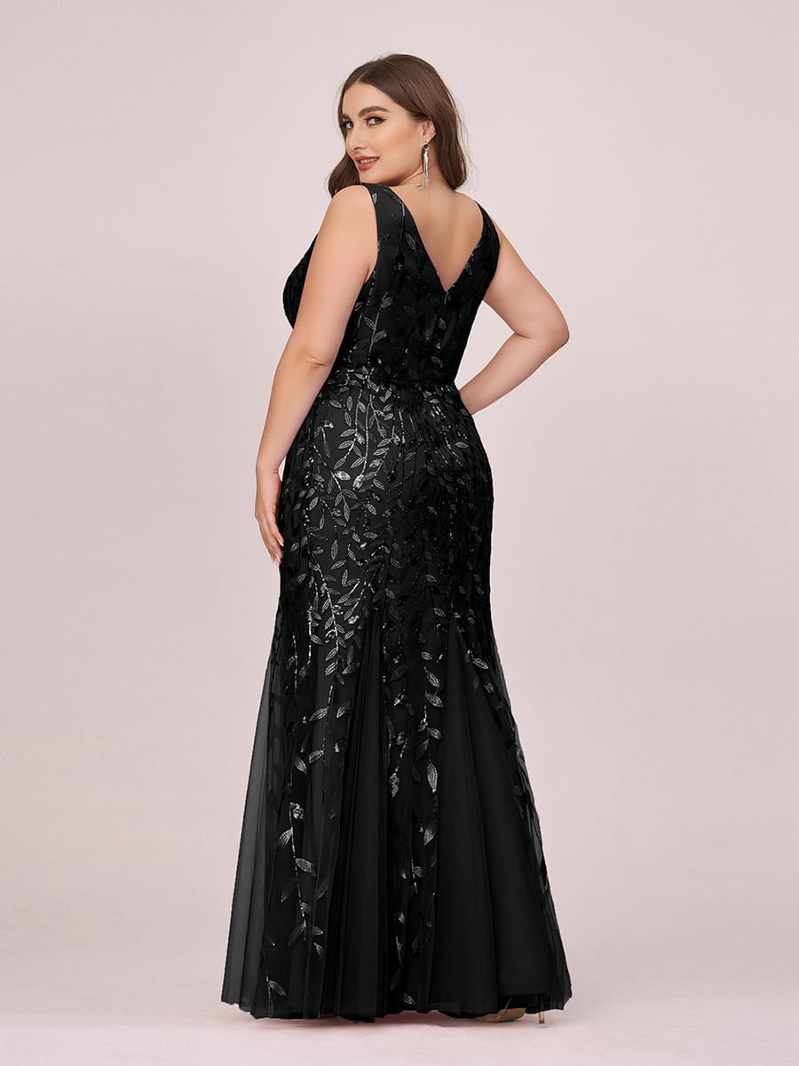 Women's Double V-Neck Fishtail Seuqin Wedding Guest Dress #color_Black