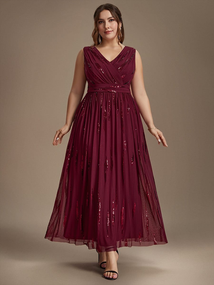 Tulle Sleeveless A-line Dress #color_Burgundy