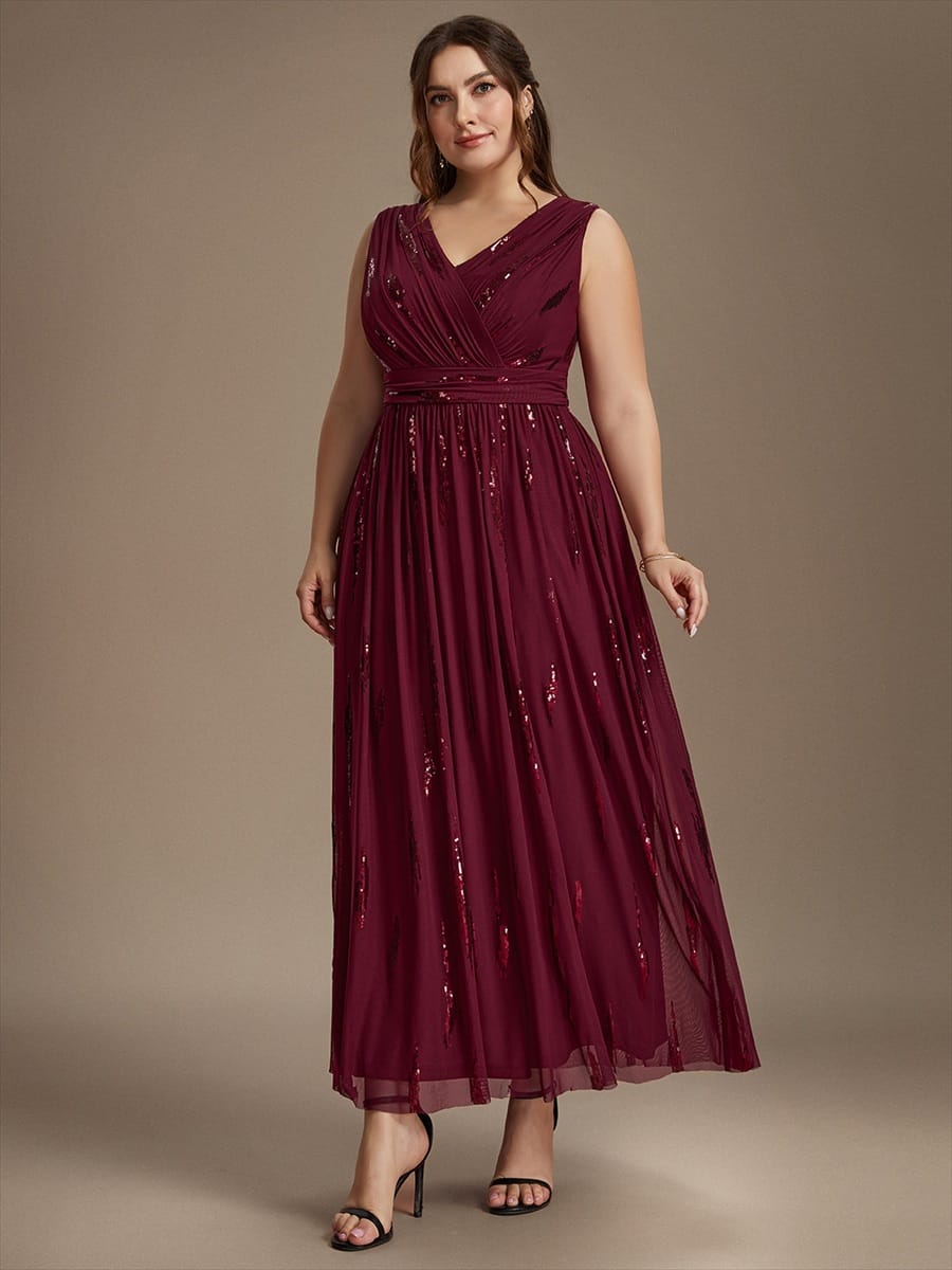 Tulle Sleeveless A-line Dress #color_Burgundy