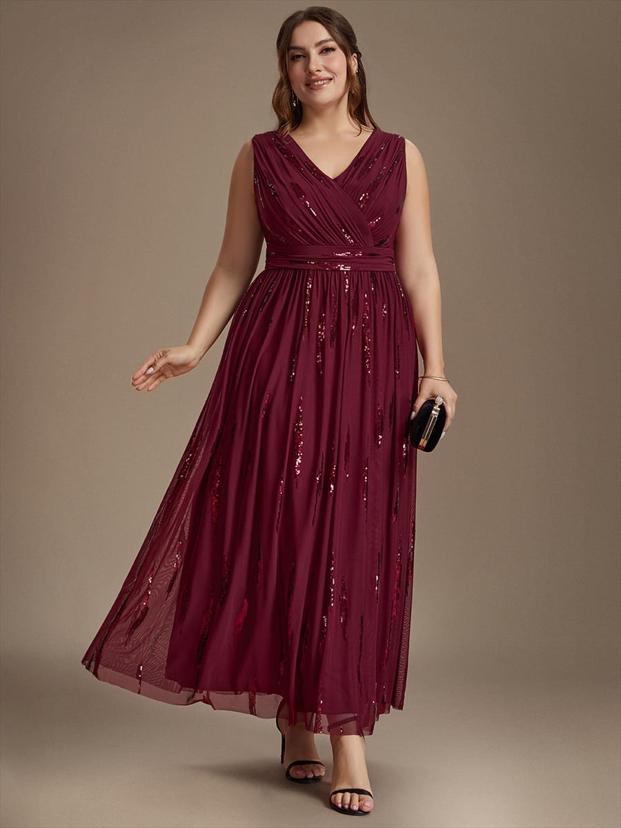 Tulle Sleeveless A-line Dress #color_Burgundy