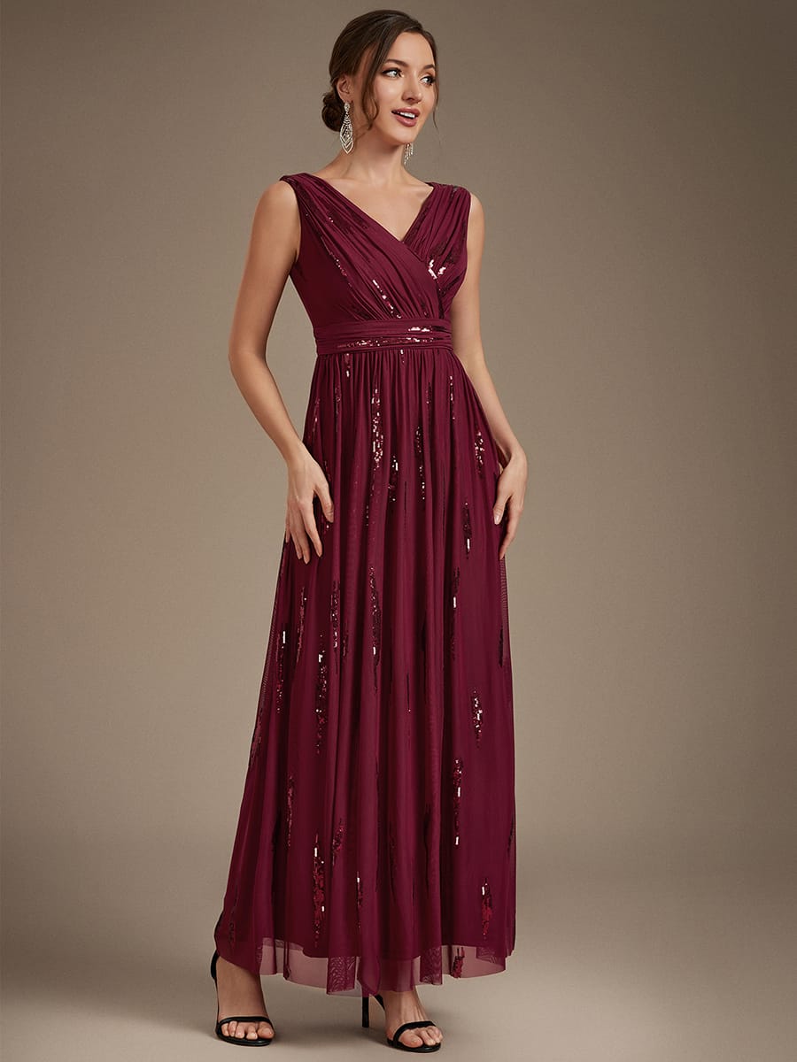 Tulle Sleeveless A-line Dress #color_Burgundy