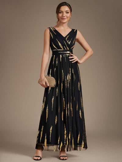 Draped Sequin Tulle Sleeveless Maxi Dress