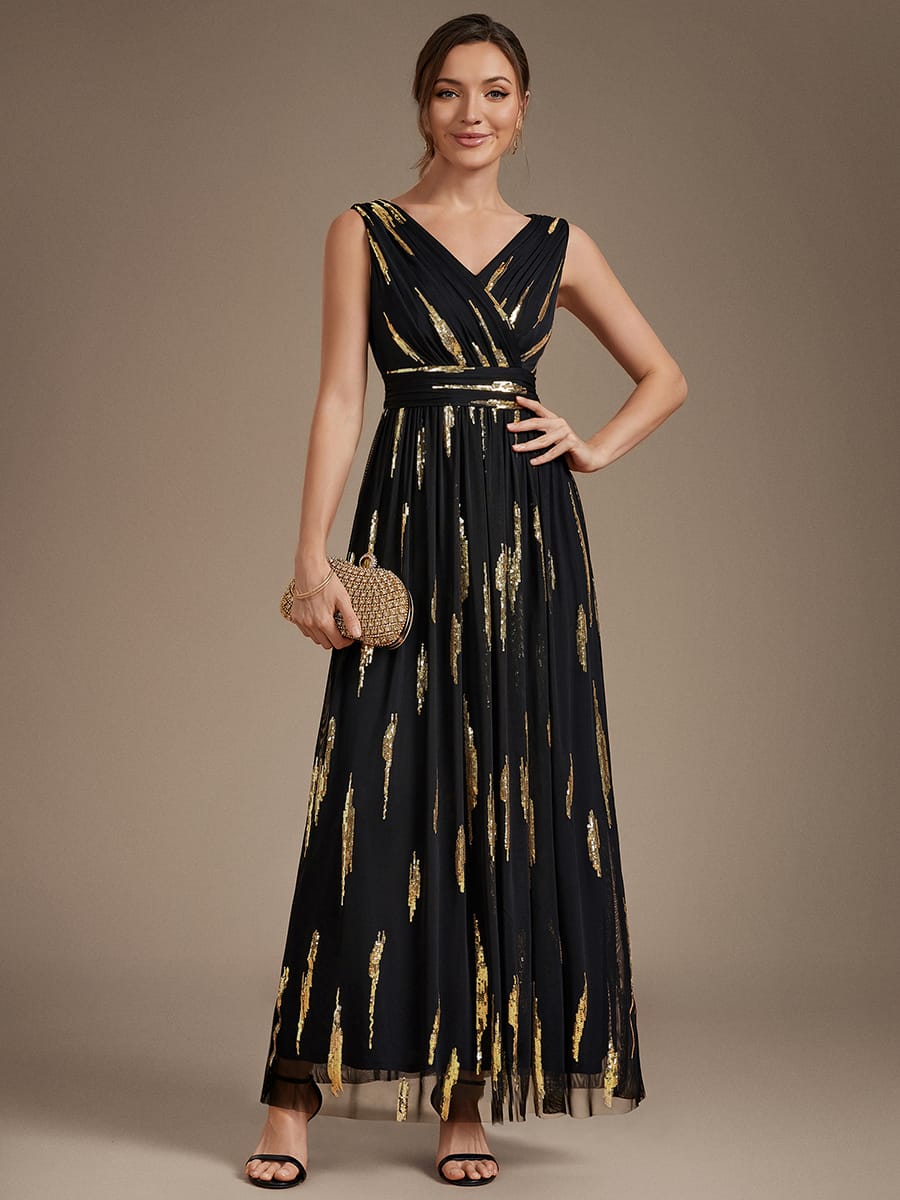 Tulle Sleeveless A-line Dress #color_Black & Gold