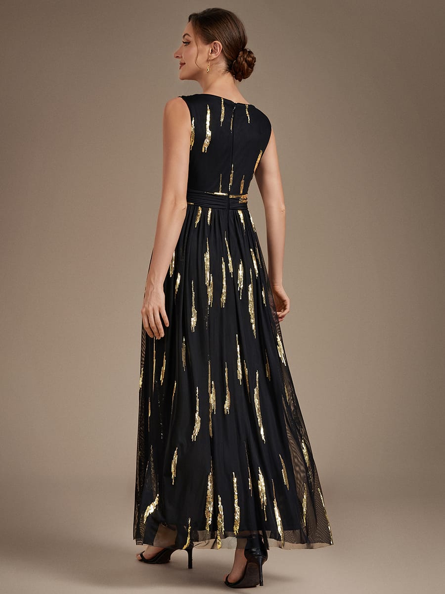 Tulle Sleeveless A-line Dress #color_Black & Gold