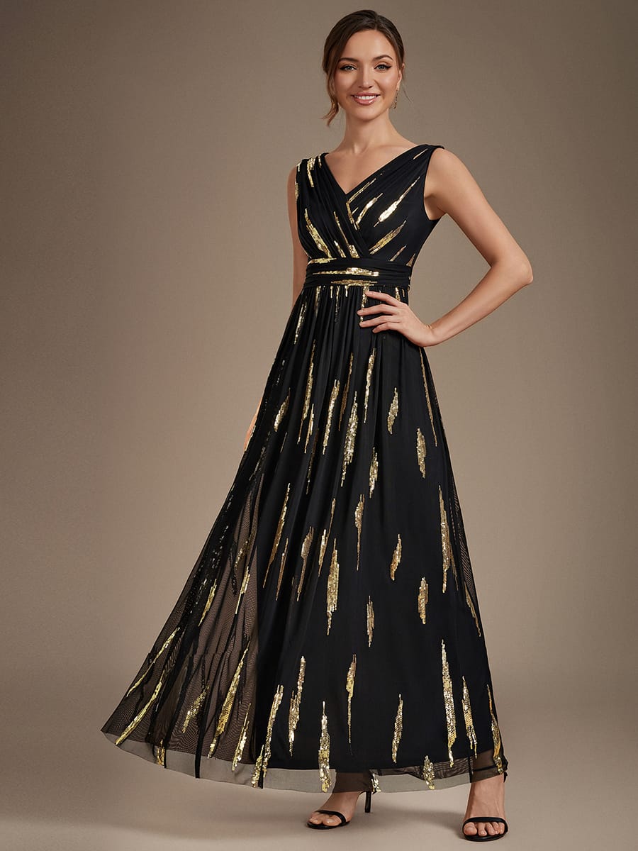 Tulle Sleeveless A-line Dress #color_Black & Gold