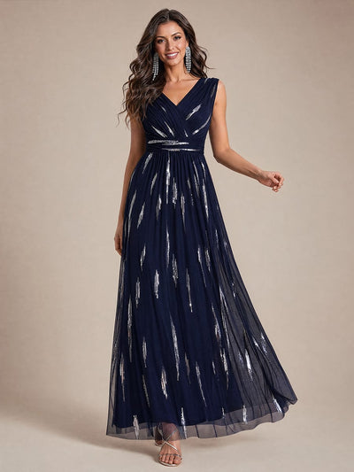 Draped Sequin Tulle Sleeveless Maxi Dress