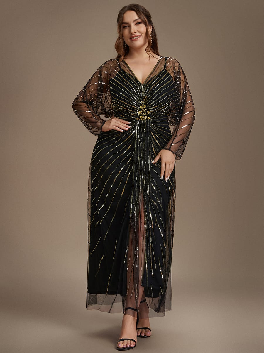 Tulle Batwing Sleeve Sheath Dress #color_Black & Gold
