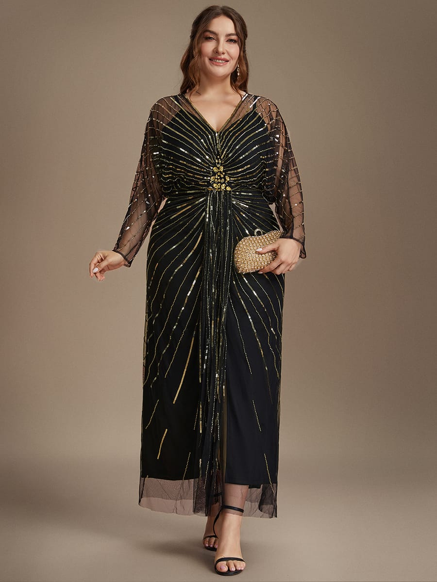 Tulle Batwing Sleeve Sheath Dress #color_Black & Gold