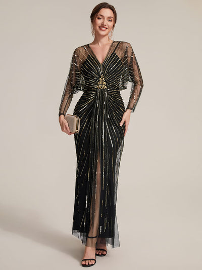 Beaded Sequin Tulle Maxi Dress with Long Sleeves