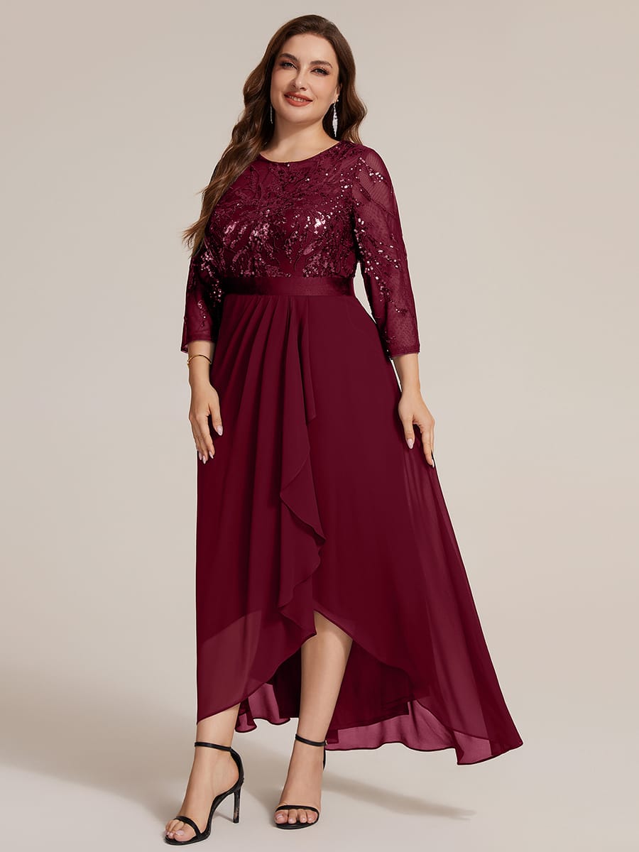 Sequin Fitted Sleeve Asymmetrical Silhouette Dress #color_Burgundy