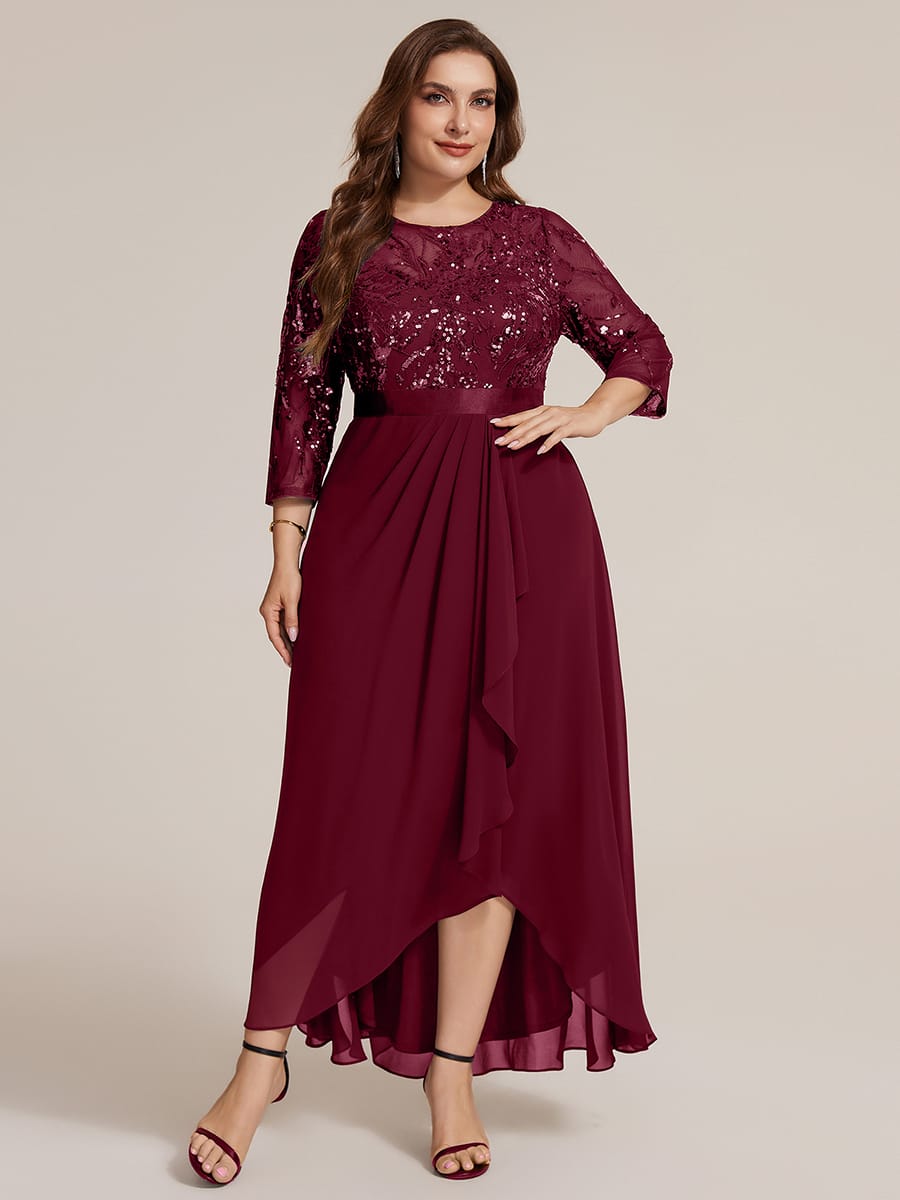 Sequin Fitted Sleeve Asymmetrical Silhouette Dress #color_Burgundy
