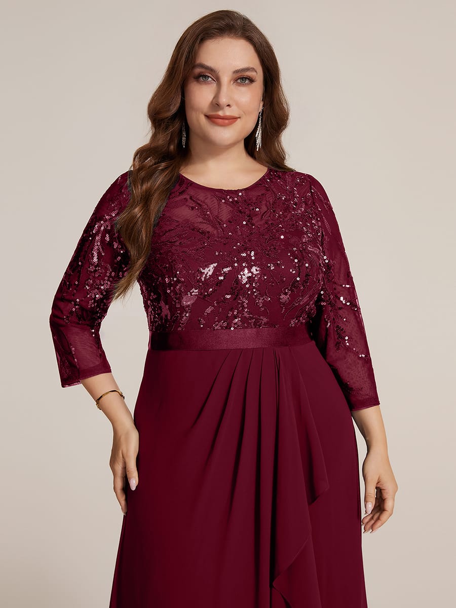 Sequin Fitted Sleeve Asymmetrical Silhouette Dress #color_Burgundy