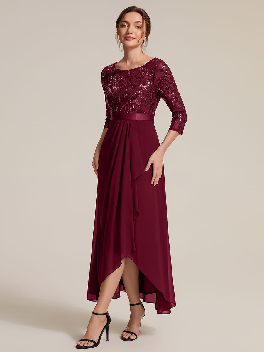 Sequin Fitted Sleeve Asymmetrical Silhouette Dress #color_Burgundy