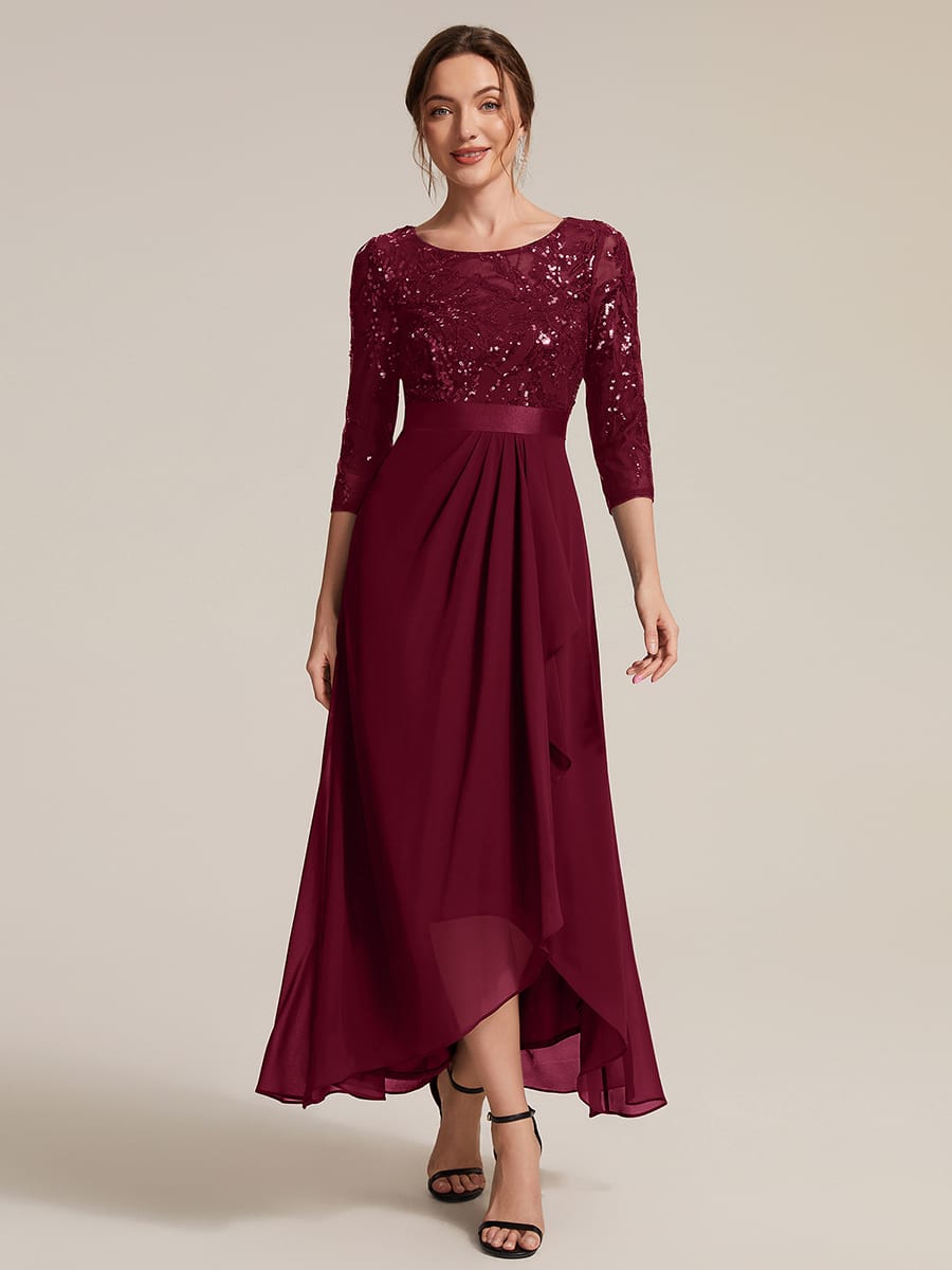 Sequin Fitted Sleeve Asymmetrical Silhouette Dress #color_Burgundy