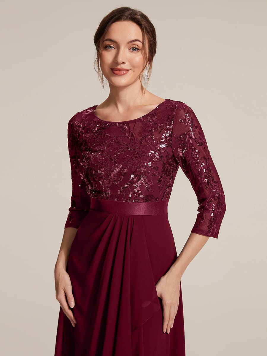 Sequin Fitted Sleeve Asymmetrical Silhouette Dress #color_Burgundy