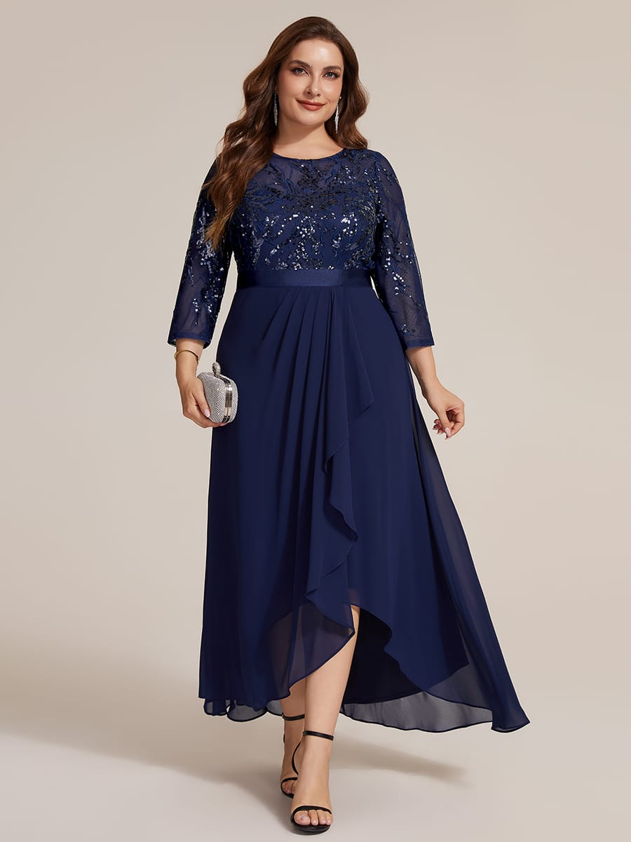 Sequin Fitted Sleeve Asymmetrical Silhouette Dress #color_Navy Blue