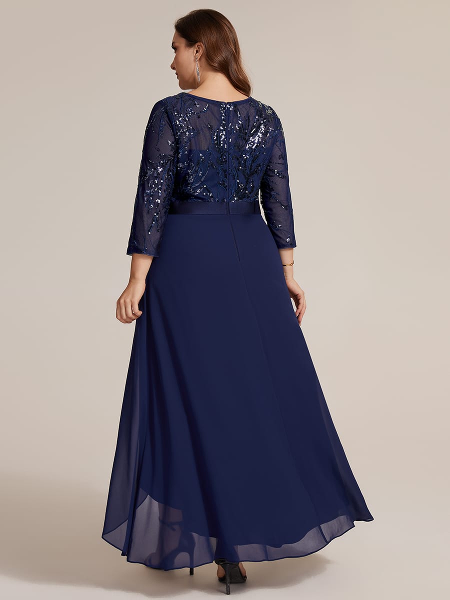 Sequin Fitted Sleeve Asymmetrical Silhouette Dress #color_Navy Blue