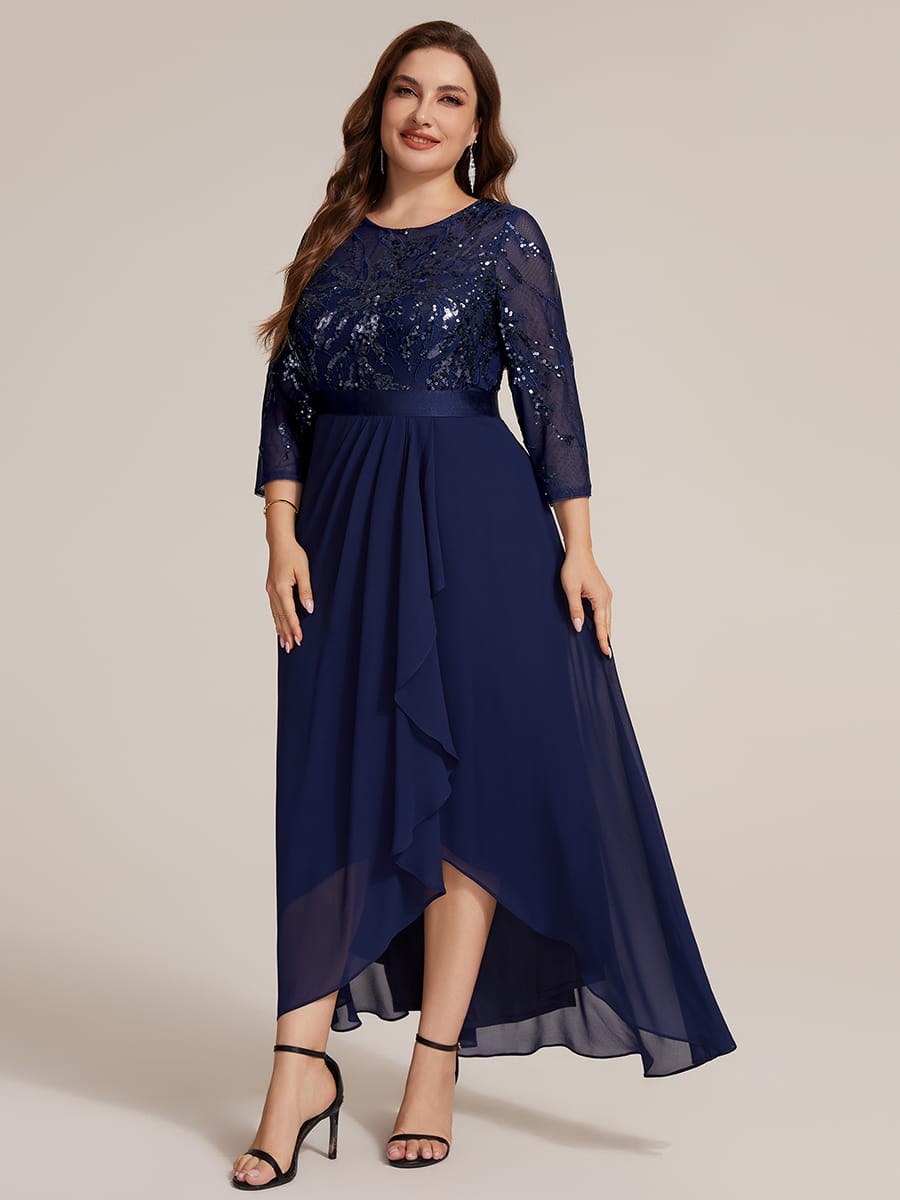 Sequin Fitted Sleeve Asymmetrical Silhouette Dress #color_Navy Blue