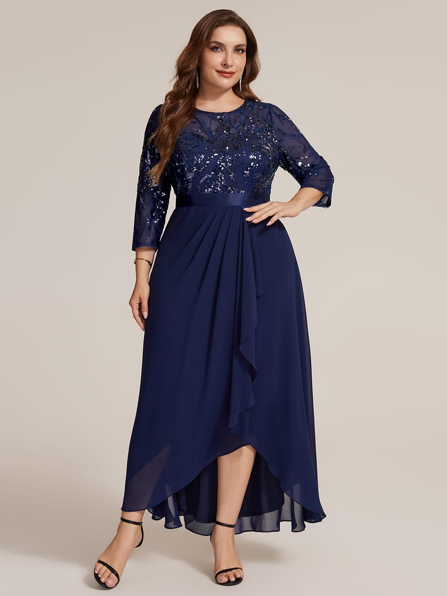 Sequin Fitted Sleeve Asymmetrical Silhouette Dress #color_Navy Blue