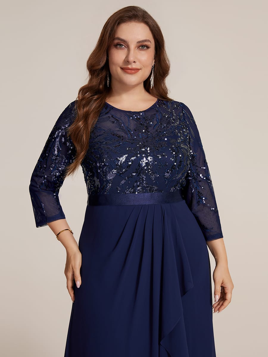 Sequin Fitted Sleeve Asymmetrical Silhouette Dress #color_Navy Blue