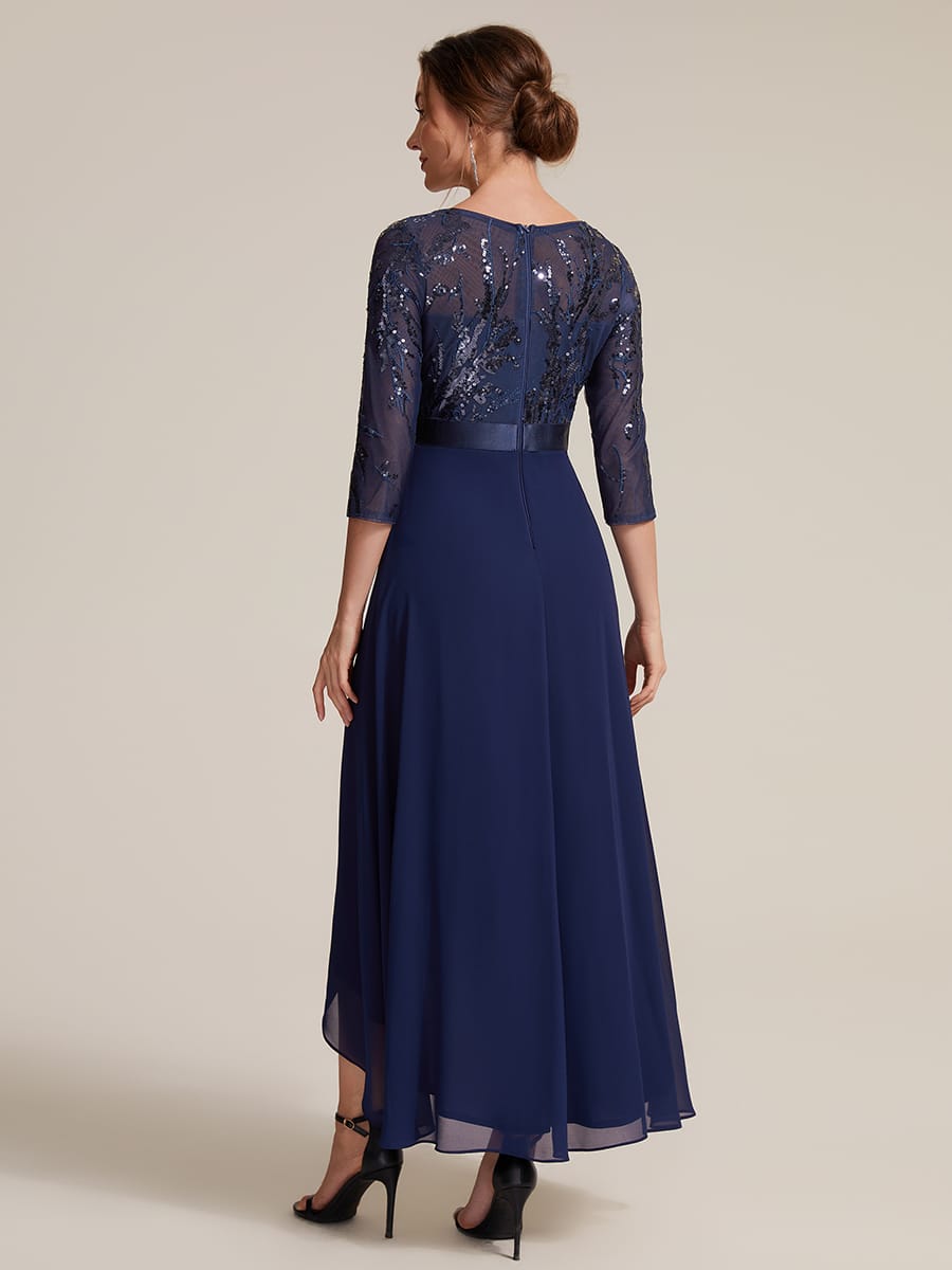 Sequin Fitted Sleeve Asymmetrical Silhouette Dress #color_Navy Blue