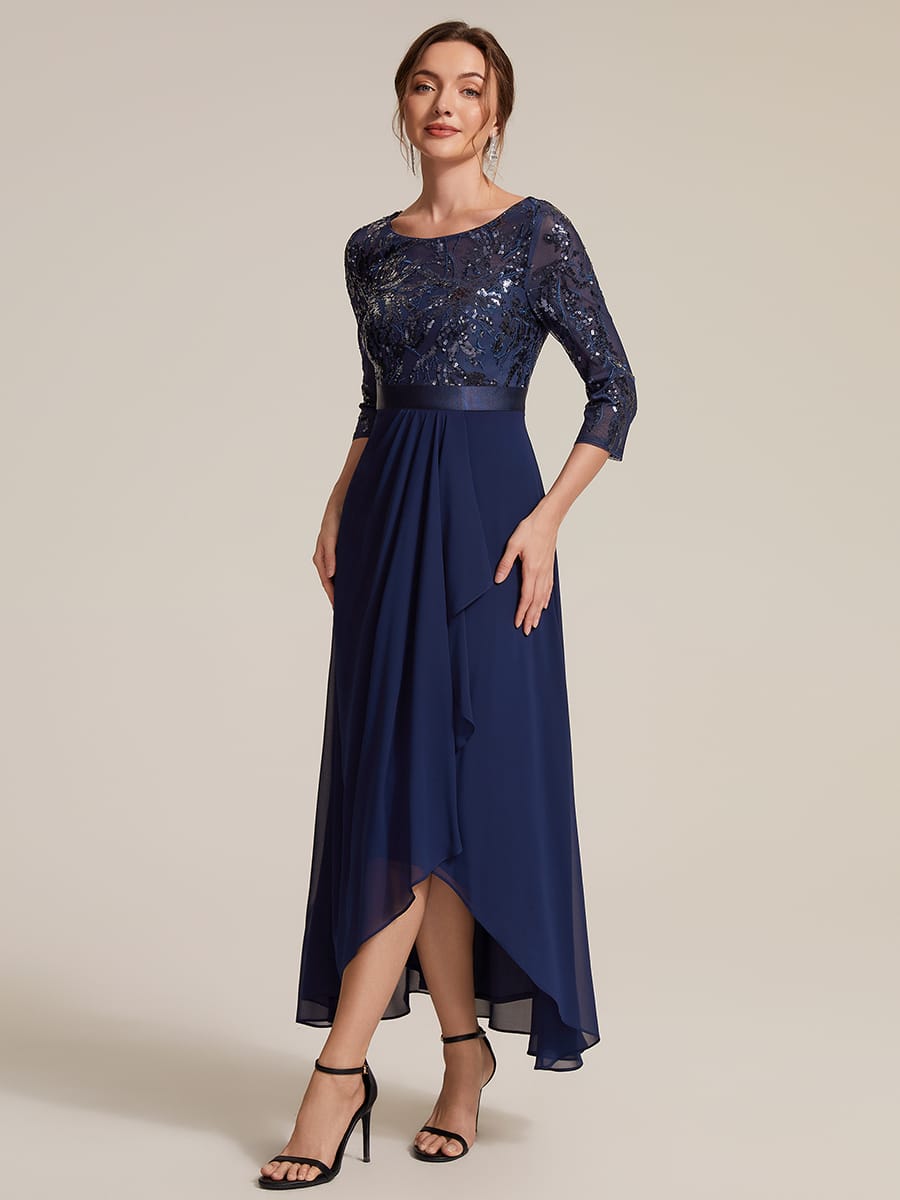 Sequin Fitted Sleeve Asymmetrical Silhouette Dress #color_Navy Blue